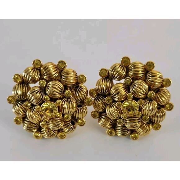 Vintage Joan Rivers Dome Cluster Rhinestone Gold Tone Bead Clip On Earrings - Picture 1 of 13